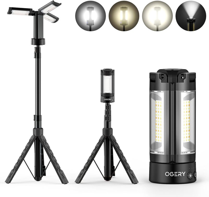 OGERY Rechargeable 10000mAh Camping Light with Stand 6.5 ft Max Height, Cordless Work Light with 3 LED Lamp Heads, 2200 Lumens Camping Essentials Gear Emergency Flashlight with Detachable Tripod - Image 1